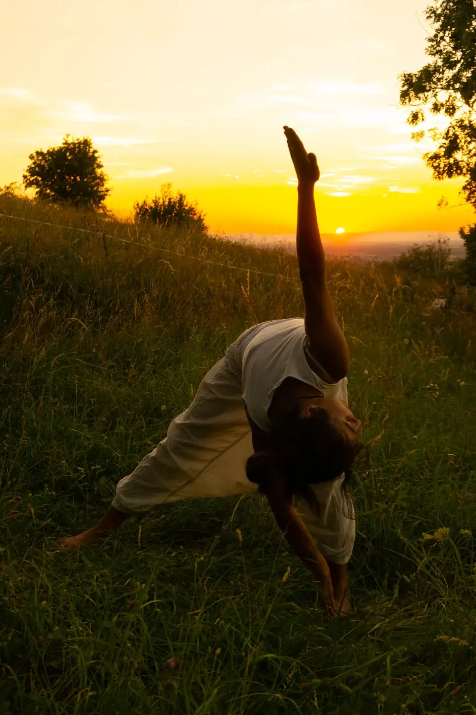 Dani in einer seitlichen Yogahaltung mit einem Arm zum Abendhimmel gestreckt